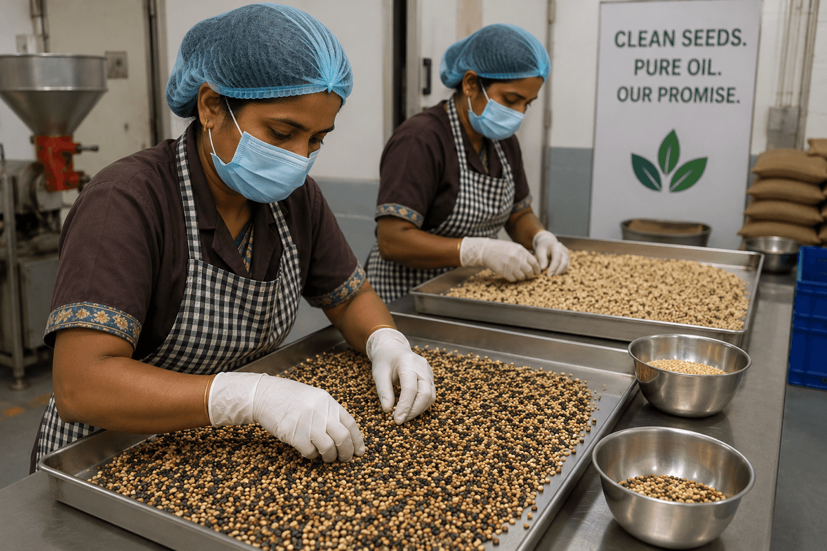 Seeds being cleaned and inspected before pressing